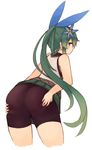  ass ass_grab bare_shoulders bike_shorts blue_bow blue_eyes bow flower grabbing_own_ass green_hair hair_bow hair_flower hair_ornament kaginoni long_hair looking_at_viewer looking_back original selenoah simple_background solo thighs white_background 