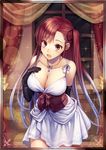  black_gloves black_ribbon breasts brown_eyes cleavage collarbone dress gloves hair_ribbon indoors large_breasts leaning_forward long_hair lowres multicolored_hair necktie one_side_up open_mouth red_hair ribbon riela_marcellis senjou_no_valkyria senjou_no_valkyria_3 silver_hair solo two-tone_hair white_dress window yamyom 