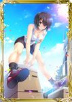  bike_shorts black_eyes black_hair black_legwear black_shorts breasts cleavage collarbone day hair_over_one_eye jumping kei_nazumi lowres marina_wulfstan outdoors senjou_no_valkyria senjou_no_valkyria_1 shirt short_hair shorts sky socks solo white_shirt 