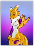  anthro black_sclera blue_eyes bridal_gauntlets canine clothing digimon featureless_breast female fox fur looking_at_viewer mammal mostly_nude neck_tuft solo tuft twinkystar yellow_fur 