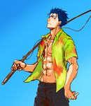  abs blue_background blue_hair earrings fate/hollow_ataraxia fate/stay_night fate_(series) fishing_rod hawaiian_shirt highres jewelry kuroguro lancer looking_at_viewer male_focus multicolored_shirt muscle open_clothes open_shirt ponytail red_eyes shirt solo 