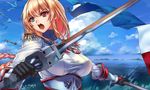  2016 :d anchor artist_name banner black_gloves blonde_hair blue_background blue_eyes blue_sky braid breasts cloud commentary_request covered_nipples dated day epaulettes eyelashes flag gauntlets gloves heterochromia holding holding_flag holding_weapon huge_breasts icqoo jeanne_d'arc_(zhan_jian_shao_nyu) long_hair looking_to_the_side machinery medal ocean open_mouth outdoors red_eyes shirt sky smile solo sword teeth upper_body v-shaped_eyebrows water weapon white_shirt zhan_jian_shao_nyu 