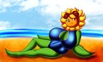  anthro beach big_breasts breasts chaossabre clothing female flora_fauna flower freckles huge_breasts looking_at_viewer lying not_furry on_side outside plant plants_vs_zombies seaside solar_flare_(plants_vs_zombies) solo swimsuit 