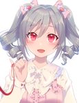  :d blush bow bowtie dress drill_hair eyebrows eyebrows_visible_through_hair eyelashes finger_ribbon frilled_bow frilled_dress frilled_shirt_collar frills grey_hair hair_between_eyes hair_bow heart idolmaster idolmaster_cinderella_girls kanzaki_ranko long_hair long_sleeves looking_at_viewer open_mouth pink_bow pinky_out red_eyes red_ribbon red_string ribbon simple_background smile solo string twin_drills twintails upper_body uso_(ameuzaki) white_background white_bow white_neckwear younger 