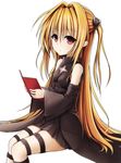  black_dress blonde_hair book brown_eyes cleavage_cutout dress eyebrows_visible_through_hair hair_between_eyes hair_ornament highres holding holding_book kaie konjiki_no_yami long_hair looking_at_viewer one_side_up simple_background sitting solo star_cutout to_love-ru to_love-ru_darkness white_background 