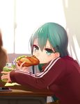  alternate_costume aqua_eyes aqua_hair blurry blush bright_background cellphone commentary_request depth_of_field desk drinking_straw eating food hair_between_eyes hair_ornament hairclip highres holding holding_food jacket kantai_collection lipton long_hair long_sleeves looking_at_viewer out_of_frame phone school_uniform sitting smartphone solo_focus suginoji suzuya_(kantai_collection) track_jacket track_suit window 