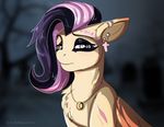  blurred_background ear_piercing equine female feral fluttershy_(mlp) friendship_is_magic fur hair jewelry mammal my_little_pony necklace pale_eyes pegasus piercing pink_hair purple_hair solo tai_lung_(artist) wings yellow_fur 