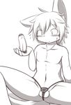  5_fingers balls blush canine erection inner_ear_fluff male mammal navel partially_retracted_foreskin penis portal_ring simple_background sitting solo uncut wolf young はね 