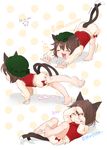  :3 absurdres animal_ears bloomers brown_hair cat_ears cat_tail chen dated ear_piercing fang full_body gotoh510 hat highres mob_cap multiple_tails multiple_views nekomata open_mouth paw_pose piercing plantar_flexion short_hair smile stretch tail tail_slit_clothes tail_through_clothes top-down_bottom-up touhou underwear yawning zzz 