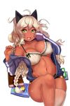  :d ahoge book bra braid breasts cleavage collarbone commentary dark_elf dark_skin elf groin hairband highres large_breasts leg_up long_hair looking_at_viewer narane navel open_mouth open_track_jacket pointy_ears shiny shiny_skin short_shorts shorts silk_(soccer_spirits) silver_hair simple_background single_thighhigh smile soccer_spirits solo stomach thighhighs underwear wavy_hair white_background white_bra white_legwear yellow_eyes 
