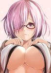  absurdres blush breast_suppress breasts center_opening closed_mouth eyelashes fate/grand_order fate_(series) glasses hair_over_one_eye hands_on_own_chest heart highres kanzaki_kureha looking_at_viewer mash_kyrielight medium_breasts purple_eyes purple_hair red-framed_eyewear short_hair simple_background solo underboob upper_body 