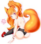  2016 ? animal_humanoid big_butt blush bracelet butt canine clothing english_text footwear fox fox_humanoid girly hair hi_res human humanoid jewelry legwear long_hair looking_back male mammal orange_hair panties pink_eyes shoes simple_background sitting smile solo stockings text tongue tongue_out underwear white_background ya-ya-tan young 