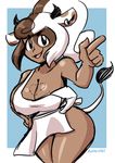  &lt;3 anaugi animal_humanoid apron big_breasts bovine breasts brown_hair cleavage clothed clothing cow_humanoid dark_skin female freckles hair horn huge_breasts humanoid klara_(monster_girl_gamu) mammal monster_girl_gamu multicolored_hair naked_apron open_mouth smile solo two_tone_hair white_hair 