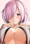  absurdres blush breast_suppress breasts center_opening closed_mouth eyelashes fate/grand_order fate_(series) hair_over_one_eye hands_on_own_chest heart highres kanzaki_kureha looking_at_viewer mash_kyrielight medium_breasts purple_eyes purple_hair short_hair simple_background solo underboob upper_body 