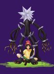  beanie black_eyes black_hair bright_pupils gen_7_pokemon green_shorts hat legendary_pokemon mizuki_(pokemon) pleo pokemon pokemon_(creature) pokemon_(game) pokemon_sm purple_background red_hat shirt shoes short_hair short_sleeves shorts simple_background sneakers solo ultra_beast wire xurkitree yellow_shirt 