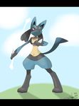  3_fingers black_fur blue_fur bone cama-papa-daypon canine digitigrade fur lucario mammal nintendo pok&eacute;mon spikes video_games yellow_fur 