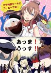  ;d ahoge anger_vein banned_artist blue_eyes brown_hair censored censored_food coffee coffee_pot commentary cup cupcake dress drinking_glass food graf_zeppelin_(kantai_collection) hair_between_eyes iowa_(kantai_collection) kantai_collection kongou_(kantai_collection) long_hair mosaic_censoring multiple_girls neckerchief one_eye_closed open_mouth ponytail red_neckwear roma_(kantai_collection) saratoga_(kantai_collection) side_ponytail smile tachikoma_(mousou_teikoku) translated turn_pale vomiting warspite_(kantai_collection) white_dress wine_glass 