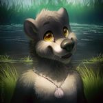  2016 anthro black_nose bust_portrait countershading cute detailed_background digital_media_(artwork) fangs front_view fur grass grey_fur jazzotter jewelry looking_at_viewer male mammal multicolored_fur mustelid mylafox necklace nude otter portrait river smile solo two_tone_fur url water whiskers white_countershading white_fur yellow_eyes 