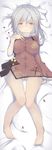  ass_visible_through_thighs asymmetrical_sleeves bare_legs barefoot bed_sheet black_ribbon blush breasts cer_(cerber) china_dress chinese_clothes closed_mouth dakimakura detached_sleeves dress floral_print full_body fur_trim highres large_breasts long_sleeves looking_at_viewer lying navel on_back petals ping_hai_(zhan_jian_shao_nyu) red_dress ribbon silver_hair solo wide_sleeves yellow_eyes zhan_jian_shao_nyu 