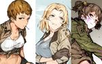  abs alisa_(girls_und_panzer) blonde_hair bomber_jacket breasts brown_eyes brown_hair cigarette cleavage crossed_arms freckles girls_und_panzer gloves green_eyes highres hiranko jacket kay_(girls_und_panzer) large_breasts looking_at_viewer midriff military military_uniform mouth_hold multiple_girls naomi_(girls_und_panzer) saunders_military_uniform short_hair short_twintails smoke smoking tank_top tied_jacket twintails uniform 