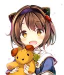  banned_artist brown_eyes brown_hair draph granblue_fantasy hair_bobbles hair_ornament hairband horns open_mouth short_hair solo stuffed_animal stuffed_toy suihi teddy_bear upper_body yaia_(granblue_fantasy) 