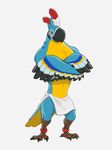  2016 adam_wan anthro avian beak blue_feathers clothed clothing feathers kass_(legend_of_zelda) male navel nintendo simple_background solo talons the_legend_of_zelda topless video_games white_background winged_arms wings 