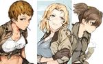  abs alisa_(girls_und_panzer) blonde_hair bomber_jacket breasts brown_eyes brown_hair chest_tattoo cigarette cleavage crossed_arms freckles girls_und_panzer gloves green_eyes highres hiranko jacket kay_(girls_und_panzer) large_breasts looking_at_viewer midriff military military_uniform mouth_hold multiple_girls naomi_(girls_und_panzer) saunders_military_uniform short_hair short_twintails smoke smoking tank_top tattoo tied_jacket twintails uniform 
