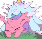 &lt;3 9999gpera ambiguous_gender bite blue_eyes blush corsola eyes_closed grass mareanie nintendo open_mouth pink_body pok&eacute;mon simple_background spikes suggestive video_games white_background yellow_sclera 
