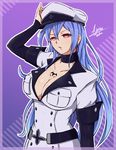  absurdres airisubaka akame_ga_kill! blue_hair breasts cleavage cosplay esdeath esdeath_(cosplay) hat highres iris_heart large_breasts long_hair looking_at_viewer neptune_(series) peaked_cap red_eyes solo symbol-shaped_pupils trait_connection very_long_hair 