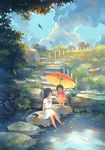  autumn_leaves barefoot black_eyes black_hair blouse blue_sky cloud day fern flip-flops footwear_removed grass highres kitsu+3 koi long_hair looking_at_another looking_to_the_side moss multiple_girls no_lineart original outdoors parasol path pond ribbon road sandals shirt short_hair short_sleeves shorts sitting sky smile soaking_feet squatting stepping_stones striped striped_shirt umbrella white_blouse white_shirt wire_fence 