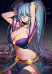  absurdres adapted_costume aqua_eyes aqua_hair arcade_sona armpits arms_behind_head breasts cleavage earrings hair_ornament hairpin highres jewelry large_breasts league_of_legends looking_at_viewer paid_reward patreon_reward skirt smile sona_buvelle songjikyo thighhighs twintails 