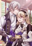  1girl alicest0113 armor blonde_hair butler closed_eyes cup female_my_unit_(fire_emblem_if) fire_emblem fire_emblem_if headband joker_(fire_emblem_if) mamkute my_unit_(fire_emblem_if) ponytail red_eyes silver_hair teacup 