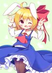  ;d ahoge animal_ears ascot black_legwear blonde_hair bow bunny_ears commentary_request esureki fake_animal_ears fang hair_bow hair_ribbon hairband highres looking_at_viewer one_eye_closed open_mouth orange_eyes pantyhose ribbon rumia short_hair smile solo touhou 