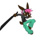  anthro clothed clothing fur hair headphones lagomorph looking_at_viewer male mammal melee_weapon open_mouth rabbit solo sword weapon white_crest 