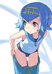  bent_over blue_eyes blue_hair blue_sailor_collar bright_pupils hairband henry_bird_9 leaning_forward looking_to_the_side pokemon pokemon_(game) pokemon_sm sailor_collar school_swimsuit short_hair sleeveless smile solo suiren_(pokemon) swimsuit swimsuit_under_clothes trial_captain undressing wet wet_clothes 