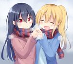  :d black_hair blonde_hair blue_coat blush breath closed_mouth coat eyebrows_visible_through_hair hair_between_eyes head_tilt heat_pack high_ponytail holding_hands kyuukon_(qkonsan) long_hair long_sleeves multiple_girls open_clothes open_coat open_mouth original pink_coat plaid plaid_scarf red_eyes scarf shared_scarf smile upper_body 