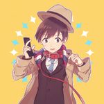  akadaidai blue_neckwear brown_eyes brown_hair cellphone collar confused flip_phone leash looking_down male_focus moritsuka_shun necktie occultic;nine open_mouth oversized_clothes phone simple_background solo suit_jacket sweatdrop trench_coat upper_body yellow_background 