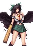  :d arm_cannon bare_shoulders between_breasts black_hair black_wings bow breasts cleavage collarbone covered_nipples cowboy_shot feathered_wings green_skirt hair_bow hand_on_own_chest hater_(hatater) highres huge_breasts long_hair looking_at_viewer midriff miniskirt navel navel_piercing open_mouth piercing puffy_nipples red_eyes reiuji_utsuho simple_background skirt smile solo third_eye touhou very_long_hair weapon white_background wings 