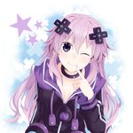  adult_neptune blush d-pad d-pad_hair_ornament hair_ornament hood hooded_track_jacket jacket long_hair looking_at_viewer neptune_(series) one_eye_closed purple_eyes purple_hair solo star track_jacket tsukaze 