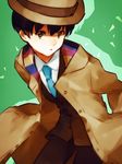  :o bad_id bad_pixiv_id black_hair blue_neckwear brown_eyes cowboy_shot formal green_background hat leaning_forward looking_at_viewer male_focus moritsuka_shun necktie occultic;nine open_mouth shaded_face silhouette simple_background solo suit toroino trench_coat 