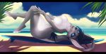  2016 anthro beach blue_eyes breasts canine female lying mammal nipple_piercing nipples nude piercing sea seaside solo surfboard water whiteabigail 