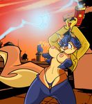  2016 anthro areola big_breasts breasts canine carmelita_fox catsprin clothing erect_nipples female fox gun mammal navel nipples panties ranged_weapon sly_cooper_(series) solo underwear video_games wardrobe_malfunction weapon 