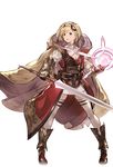  armor belt belt_pouch blonde_hair boots breastplate brown_eyes cape collar djeeta_(granblue_fantasy) full_body gauntlets granblue_fantasy headband holding holding_weapon hood looking_afar magic minaba_hideo official_art open_mouth pouch skirt solo sword sword_master_(granblue_fantasy) thighhighs transparent_background weapon white_legwear zettai_ryouiki 