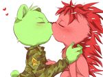  &lt;3 2014 aimyneko anthro bear black_nose blush clothed_male_nude_female clothing cute eyes_closed female flaky flippy fur green_fur hair happy_tree_friends interspecies jacket kissing male male/female mammal military nude porcupine red_fur red_hair rodent simple_background white_background 