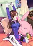  :3 animal_print arms_up bad_id bad_pixiv_id bangs bed_sheet blue_bodysuit blush bodysuit boots bracer breasts brown_eyes brown_hair bubble_blowing bunny_pillow bunny_print charm_(object) chewing_gum chips clothes_pin covered_navel curtains d.va_(overwatch) emblem eyebrows_visible_through_hair facepaint facial_mark fingers_together food frilled_pillow frills gloves handheld_game_console hands_clasped headphones high_collar interlocked_fingers logo long_hair medium_breasts on_bed one_eye_closed overwatch own_hands_together pauldrons photo_(object) pillow pilot_suit playstation_portable poster_(object) ribbed_bodysuit shoulder_pads sitting sitting_on_bed skin_tight smile_(mm-l) solo stretch string thigh_boots thigh_strap thighhighs turtleneck v-shaped_eyebrows wariza whisker_markings white_footwear white_gloves window 