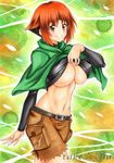  artist_name belt blush breasts brown_eyes brown_hair brown_shorts capelet cowboy_shot fingernails green_capelet gym_leader highres large_breasts looking_at_viewer marker_(medium) midriff multicolored_hair natane_(pokemon) navel orange_hair pokemon pokemon_(game) pokemon_dppt shirt_lift short_hair shorts smile solo takecha traditional_media two-tone_hair underboob 