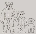  age_difference balls bovine cattle flaccid front_view full-length_portrait group hand_holding hand_on_hip horn lilinfeng line_art lineup looking_at_viewer mammal monochrome muscular navel nipples nude penis portrait pubes slightly_chubby smile standing uncut waving 