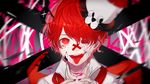  2016 :d artist_name blood cracked_skin eyelashes fukase ghost_rule_(vocaloid) hat highres male_focus nail_polish nem open_mouth pink_blood red_eyes red_nails red_sclera smile solo tongue tongue_out top_hat v-shaped_eyebrows veins vocaloid 