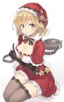  :o bag bangs belt black_legwear blonde_hair blush bow bowtie breasts brown_bow brown_eyes brown_neckwear cleavage djeeta_(granblue_fantasy) dress eyebrows_visible_through_hair flower flying_sweatdrops frilled_dress frills fur_collar fur_trim granblue_fantasy hand_up hat large_breasts legs_together looking_at_viewer nanananana open_mouth poinsettia pointing pointing_up red_dress santa_costume santa_hat simple_background sitting solo star striped striped_bow striped_neckwear sweatdrop thighhighs thighs white_background zettai_ryouiki 