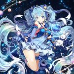  absurdly_long_hair bad_id bad_pixiv_id blue_bow blue_dress blue_eyes blue_gloves blue_hair bow bunny choker constellation_print detached_sleeves dress fingerless_gloves gloves hair_bow hatsune_miku highres index_finger_raised long_hair looking_at_viewer sleeveless sleeveless_dress star star_night_snow_(vocaloid) striped striped_bow thigh_strap ttaji_(pass35) twintails very_long_hair vocaloid yuki_miku yukine_(vocaloid) 